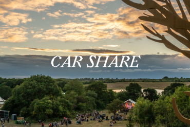 A woodland hill has the words Car Share written over the top. The sun is setting and there are people walking around the field.