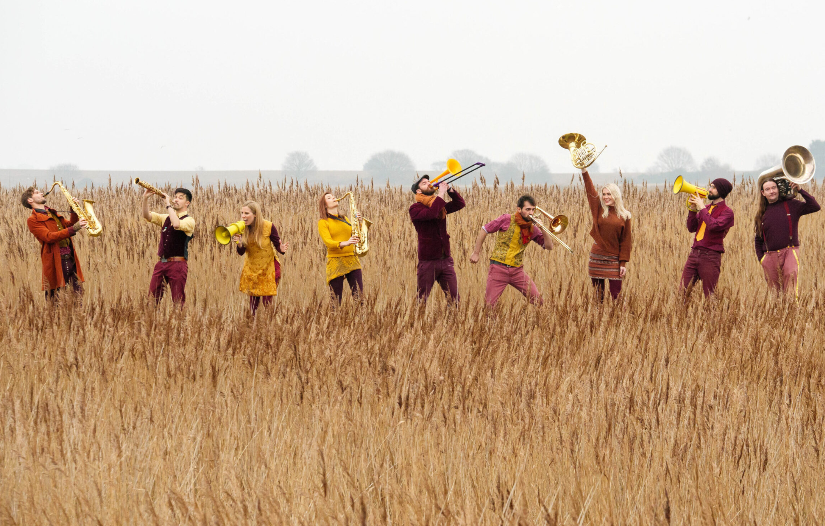 A group of brass musicians stand in a field of straw playing their instruments.